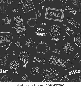 Vector seamless pattern sale and discounts. White doodle drawings on a dark background