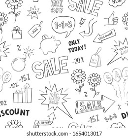 Vector seamless pattern sale and discounts. Doodle drawings on a white background.