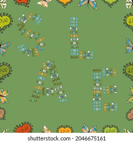 Vector. Seamless pattern. Sale lettering in black, blue and green colors. Collection with style backgrounds for your project, commercial banner, flayer, animation, advertisement, sale, frame.