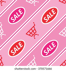 Vector seamless pattern with sale tags and shopping carts on the pink background.