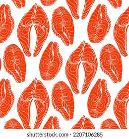Vector seamless pattern with salmon. Great for healthy life, vegetarian, cookery concept.