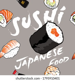 Vector Seamless Pattern, Salmon Maki, Sushi, Japanese Food, Cuisine
