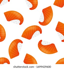Vector seamless pattern with salmon nigiri sushi. Beautiful food design elements.