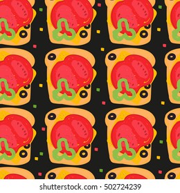 Vector seamless pattern with sandwiches on black background.