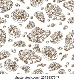 Vector seamless pattern with sandwiches and tartlets with sturgeon and salmon caviar in the style of a hand-drawn contour sketch. For menu design or textile design