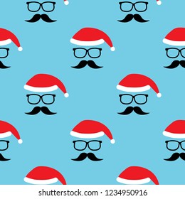 Vector seamless pattern with Santa Claus red hats, black glasses and mustaches