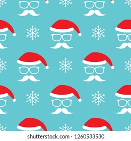 Vector seamless pattern with Santa Claus red hats, glasses and mustaches