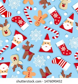 Vector seamless pattern with santa claus, candy, deer, gingerbread men, snowflakes of Happy New Year and Christmas Day.Christmas backgrounds collection. Can be used for wallpaper, pattern fills