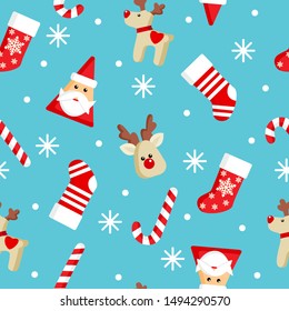 Vector seamless pattern with santa claus, candy, deer, gingerbread men, snowflakes of Happy New Year and Christmas Day.Christmas backgrounds collection. Can be used for wallpaper