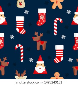 Vector seamless pattern with santa claus, candy, deer, gingerbread men, snowflakes of Happy New Year and Christmas Day.Christmas backgrounds collection. Can be used for wallpaper