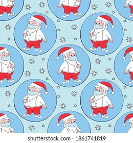 Vector seamless pattern with Santa Claus in face mask and protective ball. Measures to protect against coronavirus on holiday. Merry Christmas and happy New year 2021 in quarantine, pandemic