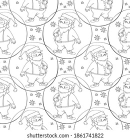 Vector seamless pattern with Santa Claus in face mask and protective ball. Measures to protect against coronavirus on holiday. Merry Christmas and happy New year 2021 in quarantine, pandemic