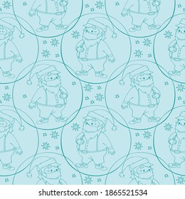 Vector seamless pattern with Santa Claus in face mask and protective ball. Measures to protect against coronavirus on holiday. Merry Christmas and happy New year 2021 in quarantine, pandemic