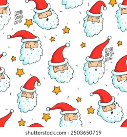Vector seamless pattern with Santa Claus faces isolated on a white background. Endless texture with a Christmas character.