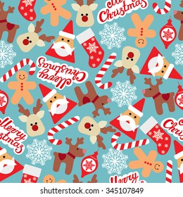 Vector seamless pattern with santa claus, candy, deer, gingerbread men, snowflakes of Happy New Year and Christmas Day.Christmas backgrounds collection. Can be used for wallpaper, pattern fills, surfa