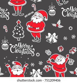 Vector seamless pattern with Santa Claus and decorations. Hand drawn illustration with winter holiday symbols. Merry Christmas lettering. New Year texture