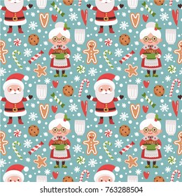 Vector seamless pattern with Santa Claus Mrs. Claus gingerbread, cookies and milk.