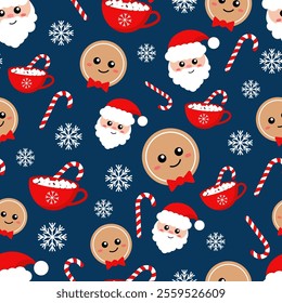 Vector seamless pattern with Santa Clauses, gingerbread men, white snowflakes and candy canes on a blue background