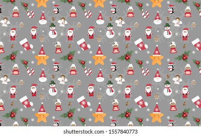 Vector seamless pattern  santa cuse in striped  cap. illustration, beautiful Christmas design elements  in paper art. Vector illustration 