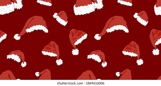 Vector Seamless Pattern, Santa Hats on Bright Red Background, Christmas Illustration, Festive Art, Hand Drawn Hats.