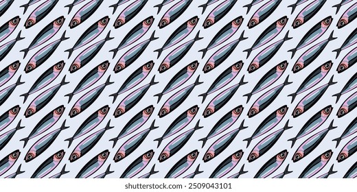 Vector seamless pattern with sardines on light blue background.