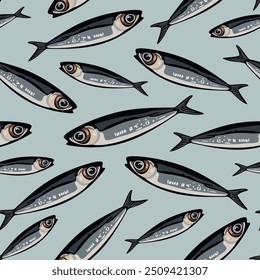 Vector seamless pattern with sardines on light blue background.