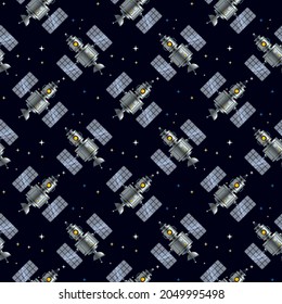 Vector Seamless Pattern with Satellite on Dark Sky Color Background with Star. Space Technology Illustration. Design for Banner, Poster, Web, Print
