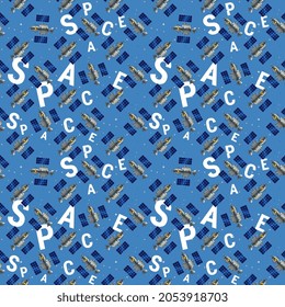 Patrón sin pérdida de brillo vectorial con satélite y espacio de Word sobre fondo de color cielo azul con estrella. Ilustración de la tecnología espacial. Diseño para banner, afiche, web, impresión