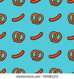 Vector seamless pattern with sausages and pretzels.