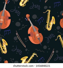 Vector seamless pattern with saxophones, double bass and bows. Sax, contrabass, jazz lettering. Сlassical musical instruments. Warm and golden colors. Isolated objects. Dark blue background