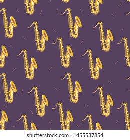 Vector seamless pattern with Saxophones. Сlassical musical instruments. Warm and golden colors. Isolated objects. 