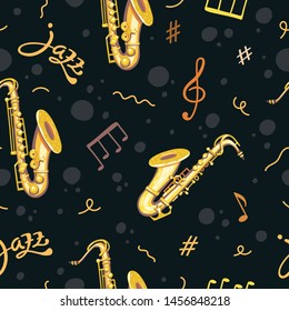 Vector seamless pattern with Saxophones. Сlassical musical instruments. Jazz lettering. Warm and golden colors. Isolated objects. Dark background