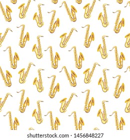 Vector seamless pattern with Saxophones. Сlassical musical instruments. Warm and golden colors. Isolated objects. White background