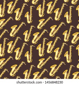 Vector seamless pattern with Saxophones. Сlassical musical instruments. Warm and golden colors. Isolated objects. Dark background