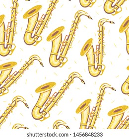 Vector seamless pattern with Saxophones. Сlassical musical instruments. Warm and golden colors. Isolated objects. White background
