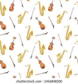 Vector seamless pattern with saxophones, violins and bows. Сlassical musical instruments. Warm and golden colors. Isolated objects. White background