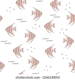 Vector seamless pattern with scalaria fish.Underwater cartoon creatures.Marine background.Cute ocean pattern for fabric, childrens clothing,textiles,wrapping paper