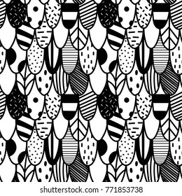 Vector seamless pattern. Scales witn different ornaments inside. Abstract background. Hand drawn illustration. 