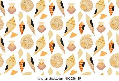 Vector Seamless Pattern Scallop seashell. Flat design style. Four beautiful seashells. Beautiful color transitions. Illustrations suitable for summer trips on the sea or for dishes made from sea food