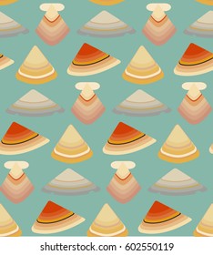 Vector Seamless Pattern Scallop seashell. Flat design style. Four beautiful seashells. Beautiful color transitions. Illustrations suitable for summer trips on the sea or for dishes made from sea food