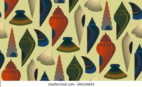 Vector Seamless Pattern Scallop seashell. Flat design style. Four beautiful seashells. Beautiful color transitions. Illustrations suitable for summer trips on the sea or for dishes made from sea food