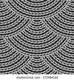 Vector seamless pattern. Scaly ornament from grey knitted loops and chains on black background