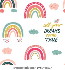 Vector seamless pattern with scandi rainbows and text.