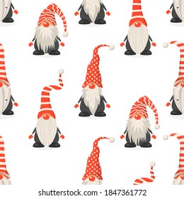 Vector Seamless Pattern with Scandinavian Christmas Cute Gnomes with Red Caps in Flat Style. Dwarfs. Design Template for Merry Christmas and Happy New Year Card, Package. Cartoon Kids Characters