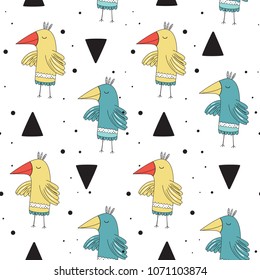 Vector seamless pattern in Scandinavian style. Lovely birds. Children's print, cute background
