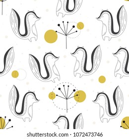 Vector seamless pattern in Scandinavian style. Cute skunk in the woods