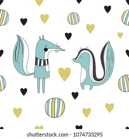 Vector seamless pattern in Scandinavian style. Cute skunk and Fox. Children's print, cute background