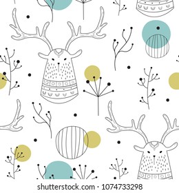 Vector seamless pattern in Scandinavian style. Deer in the woods. Children's print, cute background