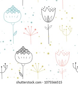 Vector seamless pattern in Scandinavian style. Lovely flowers and plants. Children's print, cute background
