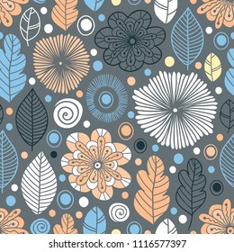 Vector seamless pattern in Scandinavian style with flowers and leaves